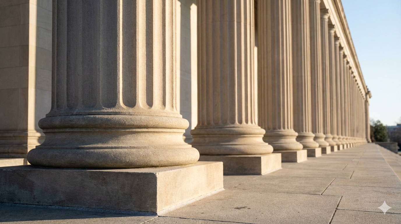 Stone columns of a government building at sunrise