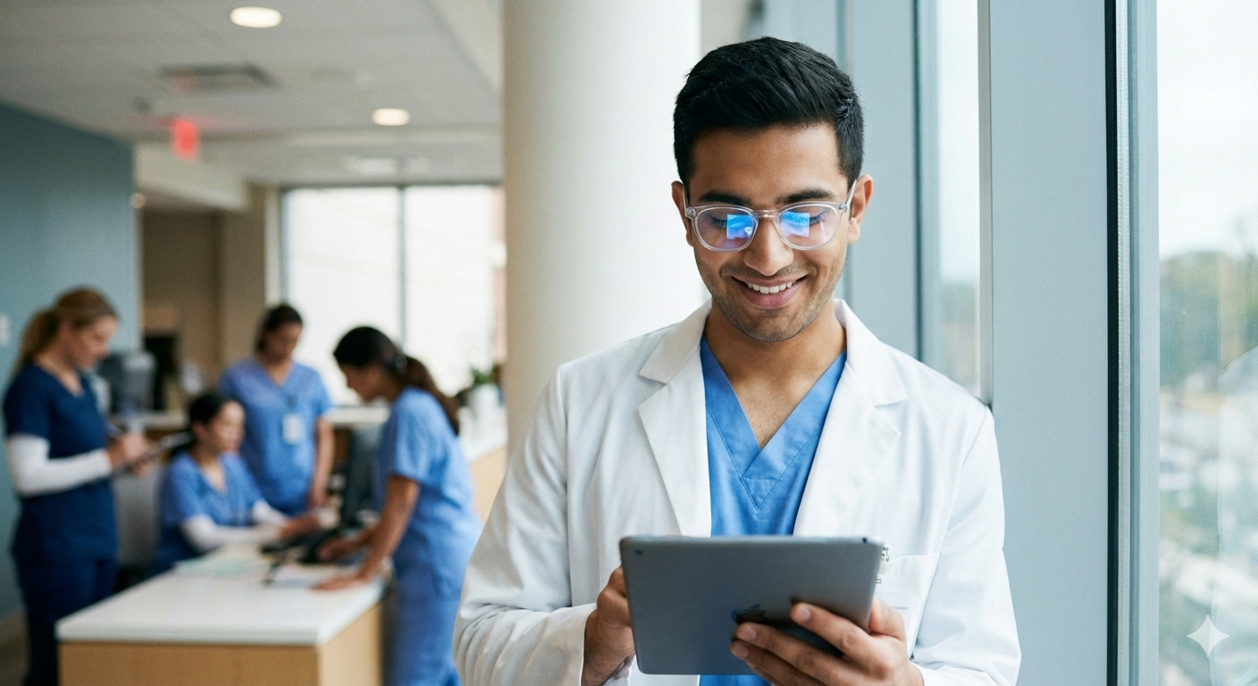 Healthcare clinician using a tablet at a hospital nurses station